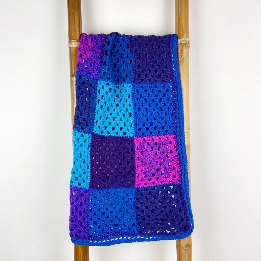 Granny Square Crochet Blue & Purple Afghan Throw Blanket